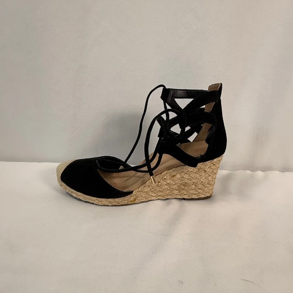 Vionic Calypso Black Suede Espadrille Wedge‎ Sandals Lace Up Cap Toe Women's 7.5